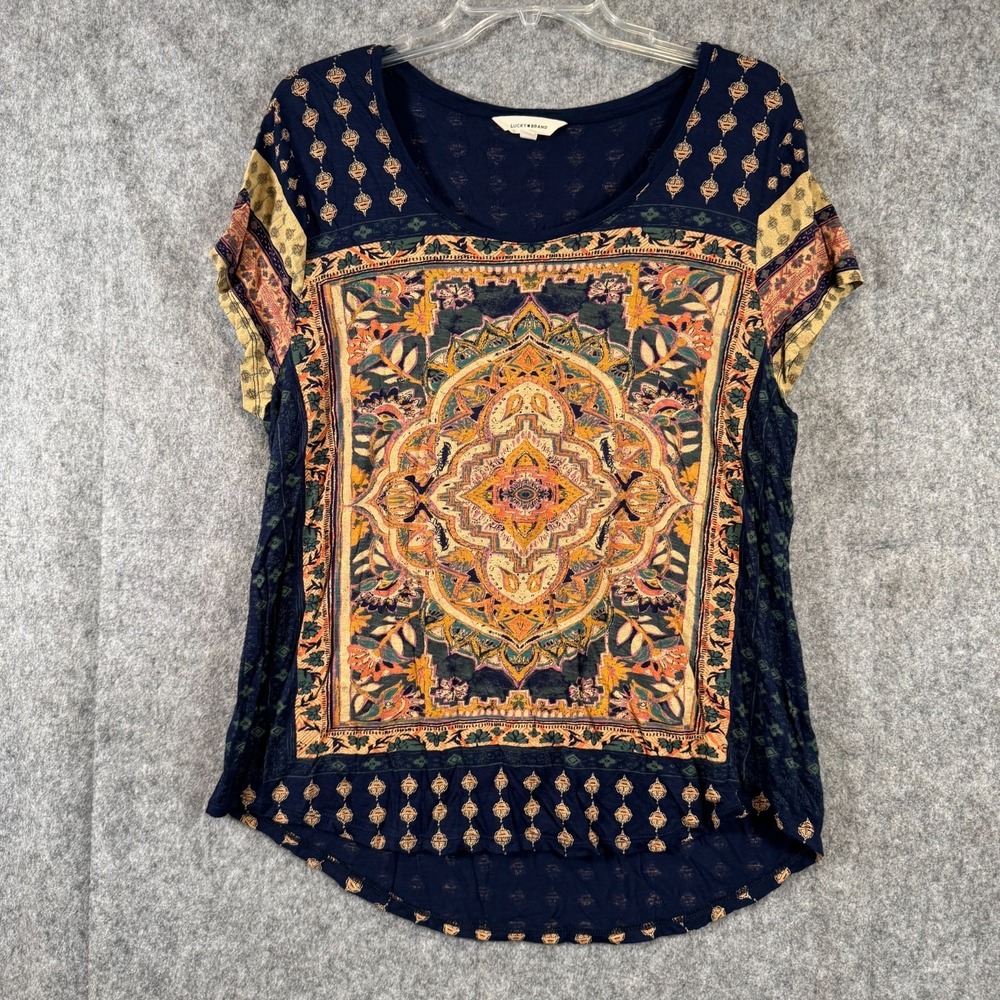Lucky Brand Top Shirt Blue Graphic Medallion Print Boho Carpet Indian Womens XL